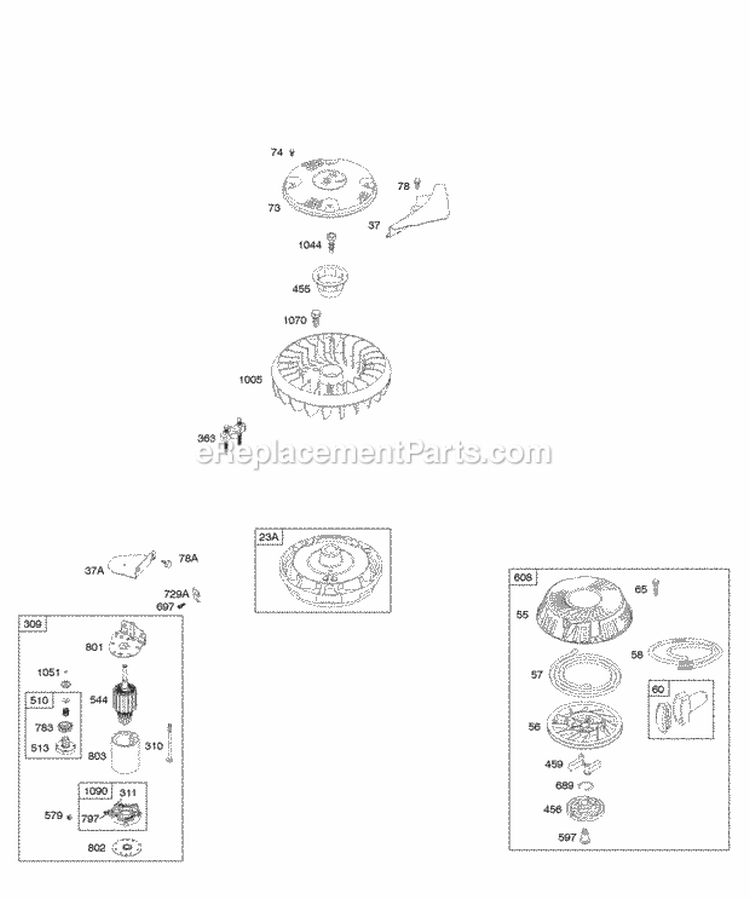Electric Starter Flywheel Rewind Starter Diagram and Parts List for 212702-0119-E1  Briggs and Stratton Engine